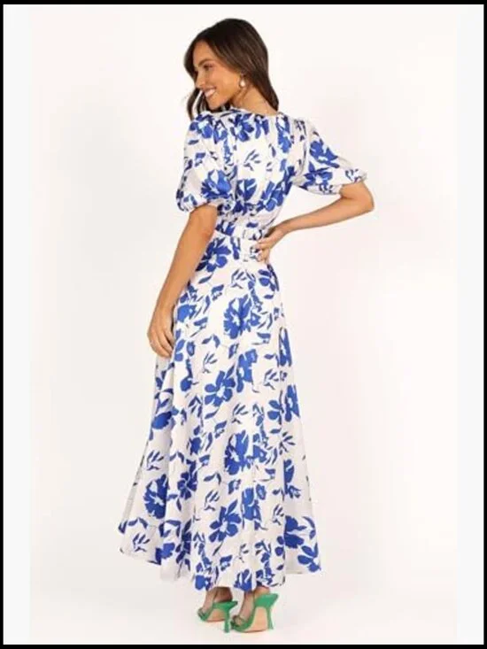 Maxi Dress with Puff Sleeves, Elastic Waist, Side Cutouts, Pockets - Picture 5 of 7